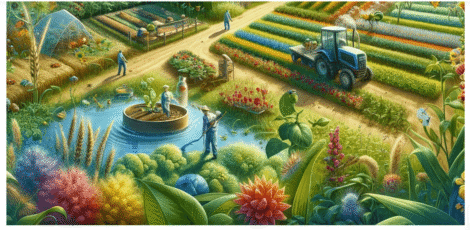 Agricultores aplicando manejo integrado de pragas em lavoura biodiversa, com trator, estufas e cultivo de diferentes culturas de forma sustentável