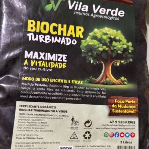 Embalagem do Biochar Turbinado Vila Verde 2 litros – fertilizante orgânico premium para solo fértil e saudável