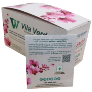 Caixa e envelope do Bio Sachê para orquídeas da Vila Verde, com design sustentável e biodegradável.