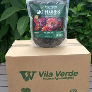 Fertilizante orgânico Bioflores da Vila Verde para flores em destaque com embalagem e caixa personalizada
