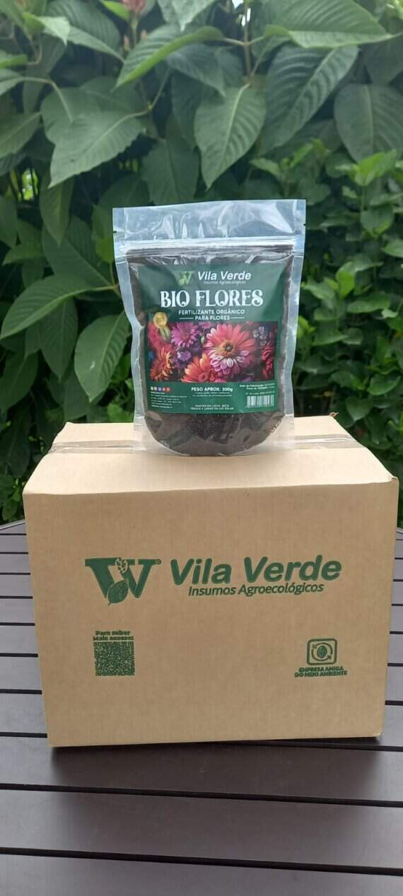 Fertilizante orgânico Bioflores da Vila Verde para flores em destaque com embalagem e caixa personalizada