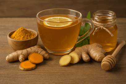 Produtos ecológicos saudáveis com ervas naturais, gengibre e mel em cenário agroecológico