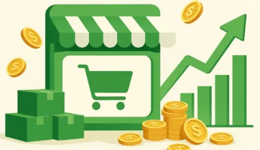 Ilustração de loja virtual verde com moedas e gráfico em alta, simbolizando vendas crescentes da Vila Verde na Shopee.