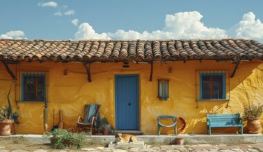 Casa rural simples com paredes amarelas, telhado de barro e cachorro descansando na frente. Estilo rústico com vegetação ao redor.
