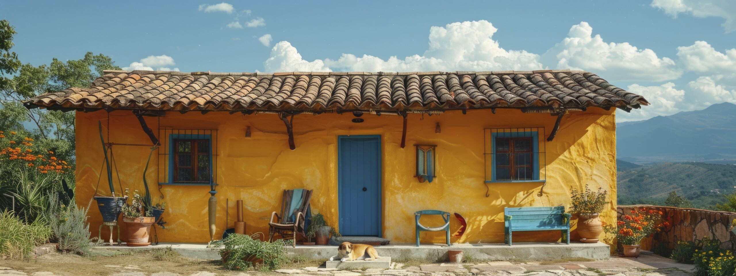 Casa rural simples com paredes amarelas, telhado de barro e cachorro descansando na frente. Estilo rústico com vegetação ao redor.