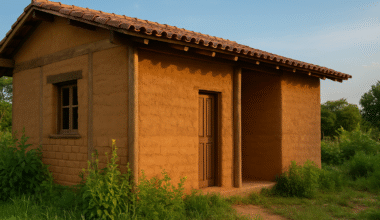 Casa ecológica de adobe e taipa de pilão em meio à vegetação, exemplo de construção em terra crua sustentável