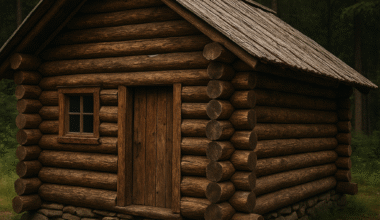Cabana rústica construída com toras inteiras no estilo trapper-style log cabin, situada em uma floresta, representando técnicas de bioconstrução ecológica.