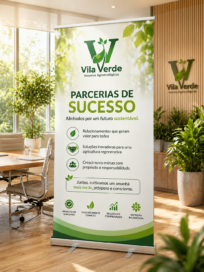 Banner institucional da Vila Verde destacando parcerias de sucesso em ambiente de escritório ecológico com plantas e design moderno sustentável