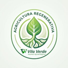 Selo Agricultura Regenerativa Vila Verde com folha e sistema de raízes representando a regeneração do solo e a vida subterrânea